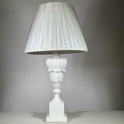 Carved Marble Table Lamp | White marble urn-form table lamp with a pleated shade. - . 32 x dia. 17 in (with shade)