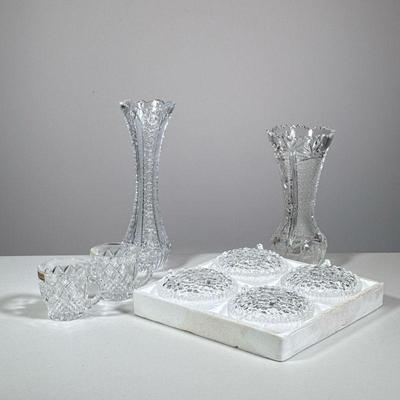 (8pc) MISC CUT GLASS LOT | Including two very fine brilliant cut glass vases, two Bohemia cups with handles, and four Thule Finnish...