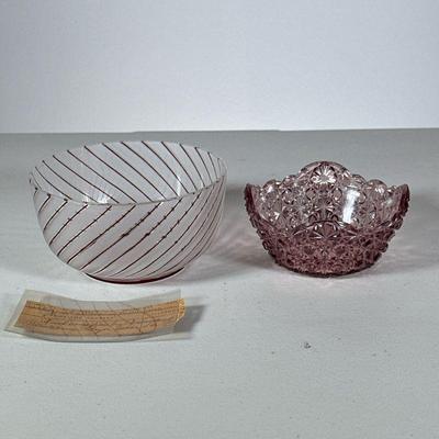 (2pc) Glass Bowls | Including a 19th century frosted glass bowl with cranberry striping (accompanied by provenance note) and a light pink...
