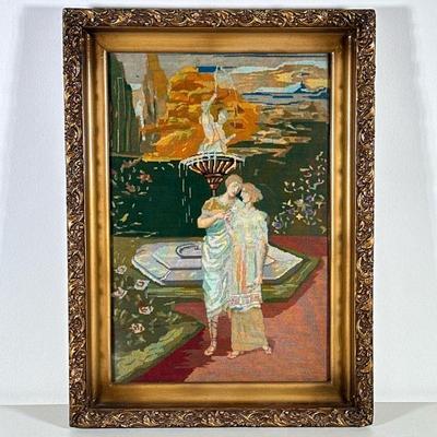 Needlepoint Tapestry Scene | With red paint and gilt over bronze, signed "Conti" on the base. - h. 18.5 in