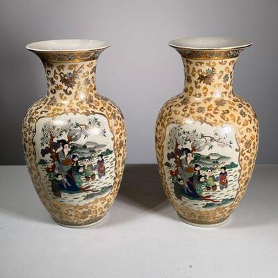 (2pc) PAIR SATSUMA VASES | Decorated with matching winter scene in reserve on a patterned ground with gilt accents and raised decoration....