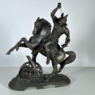 Cavalry Cast Metal Sculpture | Grecian soldier on a rearing horse, no apparent signature. - h. 14.25 x w. 5 x l. 10.75 in