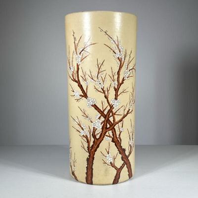Cherry Blossom Umbrella Stand | Glazed ceramic with enameled decoration. - h. 19 x dia. 8.5 in