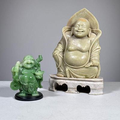 (2pc) Carved Buddha Figures | Including a carved light stone Buddha and a small carved green jade Buddha figure mounted on a round wood...