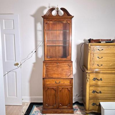 Secretary Display Cabinet | With glass display case top with side door over a fall front secretary desk over a single drawer with fitted...