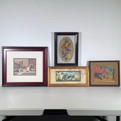 (4pc) Wall Art | ncluding a print of two greyhounds on a marble floor, a needlepoint of bird amongst flowers framed in tondo, a framed...