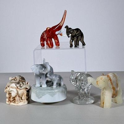 (6pc) Elephant Figures | Including a carved onyx elephant, a crystal glass figure, a Harmony Kingdom "Trumpeter's Ball"...