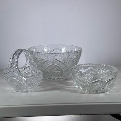 (3pc) Cut Crystal Glass | Bohemian style glass with similar spiral star / pinwheel pattern, including a large centerpiece, a smaller...