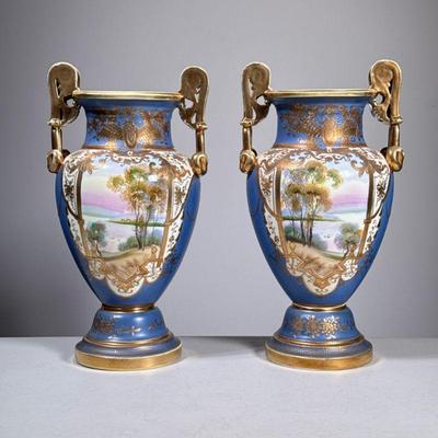 (2pc) PAIR NORITAKE PORCELAIN VASES | Pair of Noritake double-handled porcelain vases decorated with nature scene & gilt accents. -...
