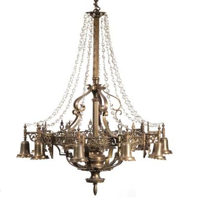 FEDERAL ELECTRIFIED 10-LITE BRONZE CHANDELIER | Scrollwork frame suspending strands of cut crystal and ten bell-form lights on brackets....