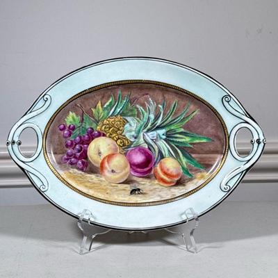 Signed 19th Century Oval Dish | Still life on small porcelain platter with signature of JT Mann lower right, dated 1877. - w. 9 x l. 13 in

