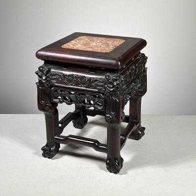 Chinese Carved Stand | Small plant stand with carved wood and inset stone or marble top. - h. 11 x w. 8.25 x d. 8.25 in

