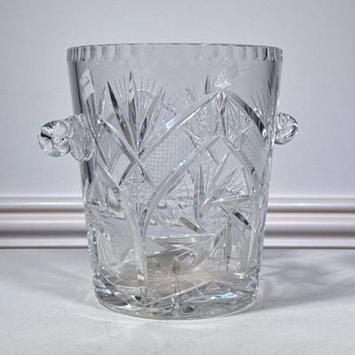 LARGE BLOWN & ETCHED CRYSTAL WINE COOLER | Crystal glass with mounted blown glass scroll handles, with label attached - h. 9.5 x w....