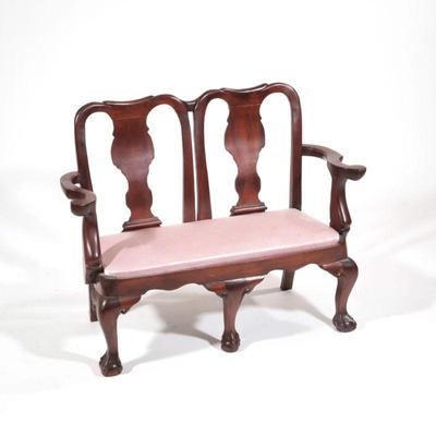 Child’s Settee | Of small size, Queen Anne style double back settee with curved arms, cabriole legs, and ball and claw feet. - h. 25 x l....