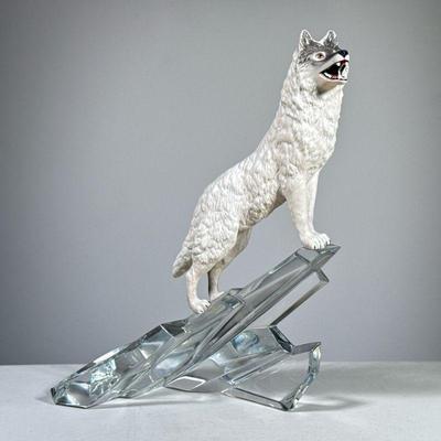 Bisque Wolf & Glass Sculpture | Cry of the North by the Franklin Mint, bisque porcelain arctic wolf on a glass rocky outcropping, no...