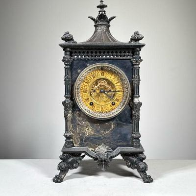ANSONIA SILVER FINISH MANTEL CLOCK | Heavy, Silvered case with columns and engraved decoration, partially skeletonized gilt face with...