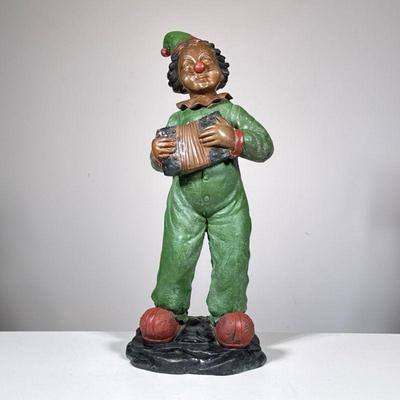 “CONTI” BRONZE CLOWN SCULPTURE, ACCORDION PLAYER | Signed “Conti” on the base, red and green painted bronze figure. - h. 19 in