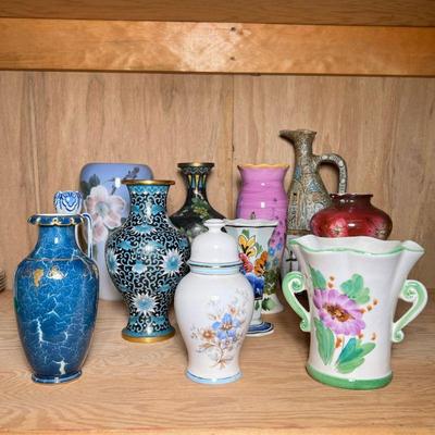 (11pc) CERAMIC VASES & OTHER | Mixed lot of ceramic and other vases, including a Royal Copenhagen vase, two cloisonne vases with...