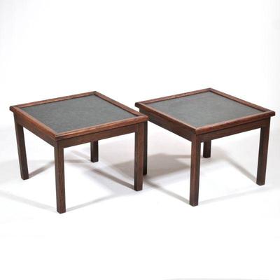 Pair Mid Century Side Tables | Mid century modern faux slate top low tables / end tables. - h. 17.5 x w. 21.75 in

