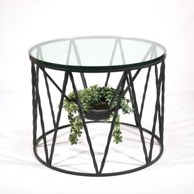Round Planter Side Table | Wrought iron twisted drum base with jardinere / planter in the center, having a thick round glass top. - h....