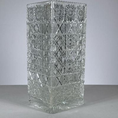 Large Brilliant Cut Crystal Vase | Square for, heavy cut crystal vase with florals around the rim and geometric designs. - h. 14 x w. 6 x...
