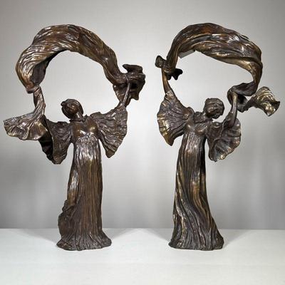 Pair AGATHON LEONARD Bronze FIGURAL Lamps | Danseuse a l'Echarpe [Scarf Dancer] After Agathon Leonard, a pair of Art Nouveau style...