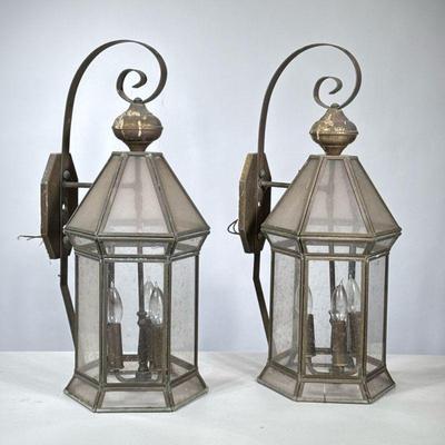 Pair Leaded Glass Outdoor Sconces | Hexagonal form lanterns, three light interior with scroll arms. - h. 25 x w. 11 x d. 12 in

