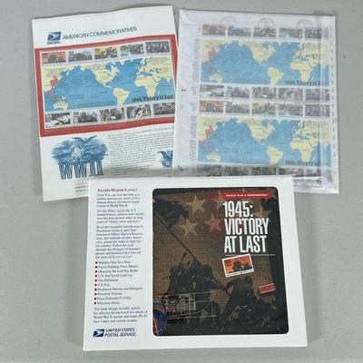 (3pc) Wwii Stamps & Book | Two sheets of American Commemoratives 1945: Victory at Last stamps and a collectible book. - h. 9 x w....