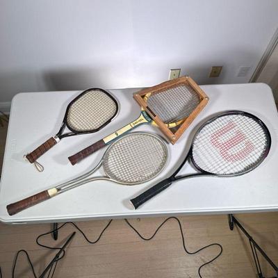 (4pc) Tennis & Other Rackets | Including a Wilson tennis racket, a Harry C. Lee junior racket with wood guard, and others. - l. 27 in...