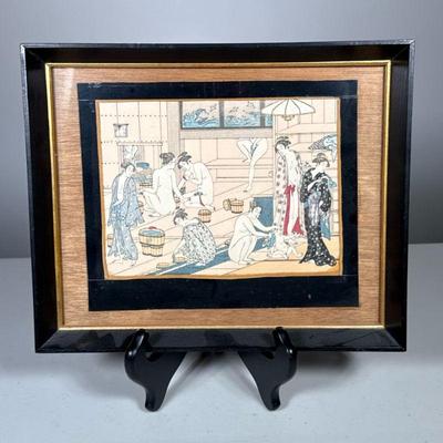 Japanese Woodblock Style Print | Women with wash buckets bathing, in a black and gold frame. - h. 9 x l. 10.5 in