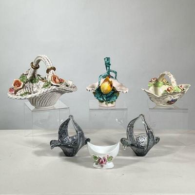 (6pc) CERAMIC & GLASS BASKETS | Reticulated porcelain baskets decorated with flowers and two blown glass basket; with three porcelain...