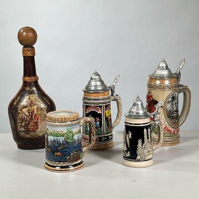 (5pc) Steins & Decanter | Including an Italian gilt tooled leather wrapped decanter, three pewter lidded German steins (one...