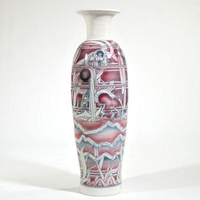 Large Southwest Style Vase | Floor vase, glazed ceramic with Southwestern style decoration in red and blue hues, no apparent signature. -...
