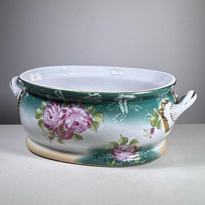 Floral Tureen | Green background with pink peonies and gold trim. - h. 8.5 x w. 15 x l. 22 in