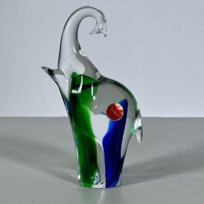 Murano Glass Elephant | Blue and green art glass elephant figure with red Murano label. - h. 6 1/4 in