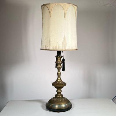 Monumental Champleve Enamel brass column Lamp | Large champlevé enamel and bronze table lamp with a column-form body featuring polychrome...