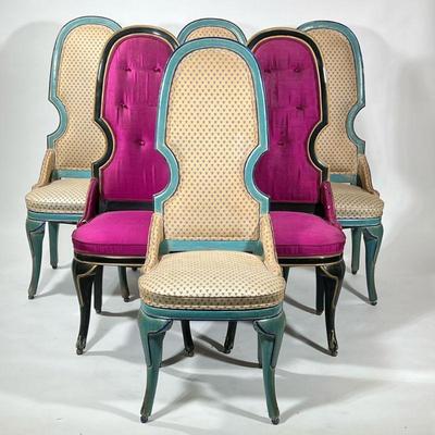 (6pc) HIGH BACK DINING CHAIRS | Grecian needlepoint courting scene, in a gilt frame with scrolling acanthus. Sight 18.5 x 12.5 in. - h....