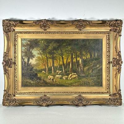 GIOVANNI MILONE (Italian, 19th Century), PAINTING |Sheep in the forest Oil on canvas 18 x 30 in, canvas Signed lower left in formed gilt...