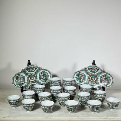 (40pc) MIXED CHIBA DISHES | Hand painted Famille rose china including: 38 cups & 2 trays, some pieces with label attached,...