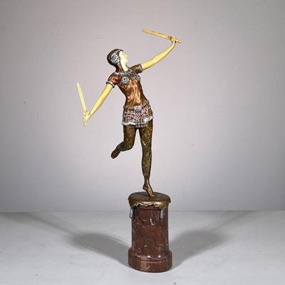 OTTO HOFFMAN (1885-1915), BRONZE FIGURE | A gilt bronze and bone statue of an Art Deco style dancing figure mounted on a red marble base,...