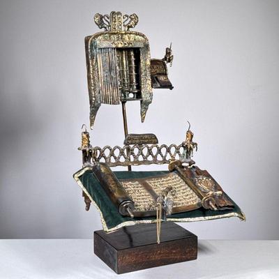 Bronze & Wood Torah Sculpture | An unusual bronze Torah sculpture attached to a wood stand, no apparent signature, in the manner of...