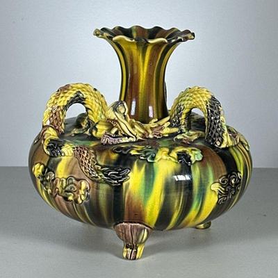 Dragon Pottery Vase | Glazed multicolor flambe pottery vase with applied reticulated dragon. - h. 8.75 x dia. 9.5 in