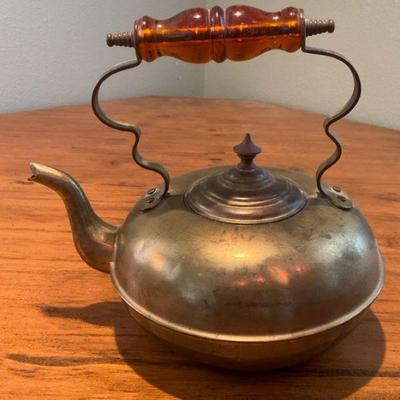 Early 1900 s antique brass 3 footed tea kettle pot amber glass handle