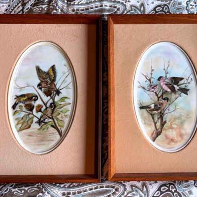 Rose surace painted oval porcelain plates in frame