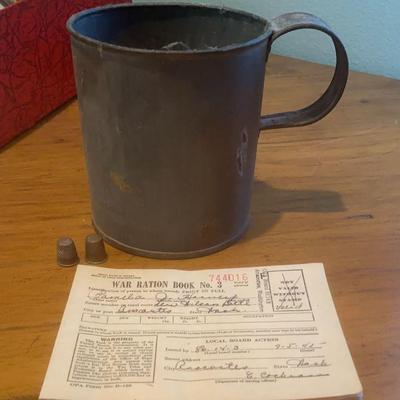 Civil war era soldiers tin cup war ration stamps & more