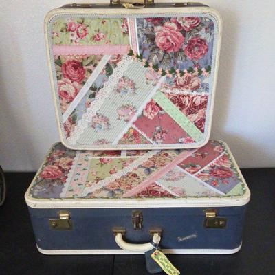 Two Globester Vintage Suitcases Embellished With Fabric And Ribbon