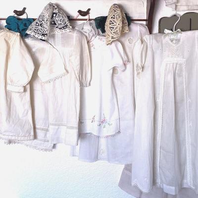 Vintage Baptismal Gowns & Baby Clothes & Wood Wall Rack