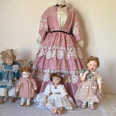 Pink Taffeta Mannequin & Four Little Children - All Porcelain