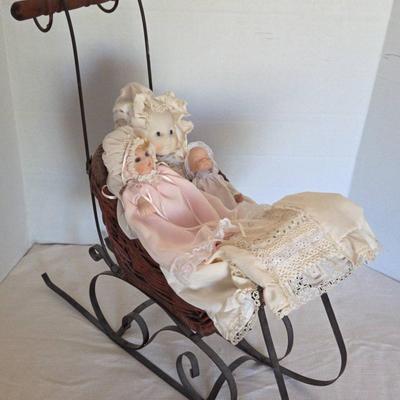 3 Dolls In Basket Sleigh - Porcelain