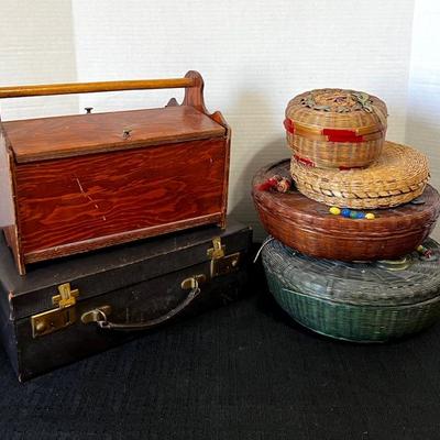 Vintage Wood & Woven Sewing Baskets  